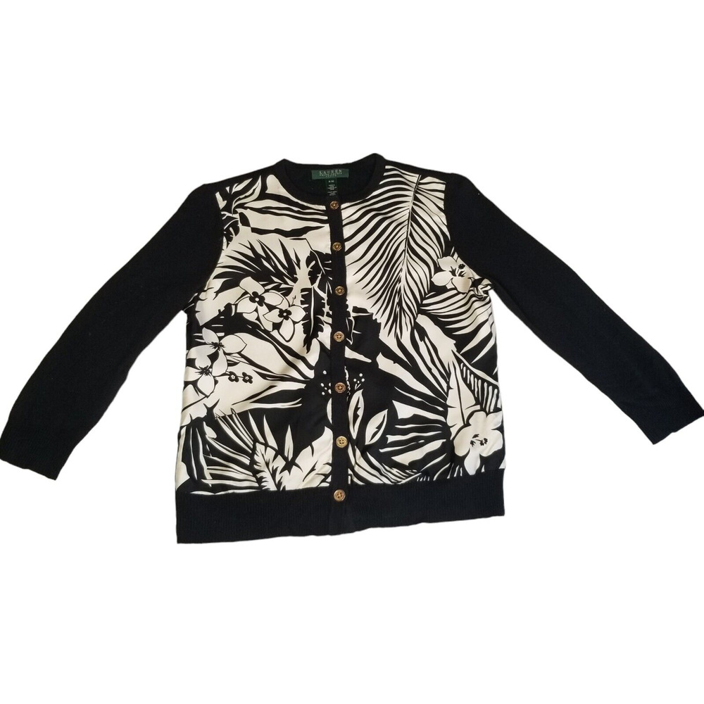Lauren Ralph Lauren Black Cream Floral Silk Cashmere Cardigan Sweater Petite Med